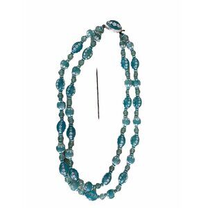 Vtg Blue Plastic Beaded Necklace White Incised Flowers Barrel Clasp Hong Kong